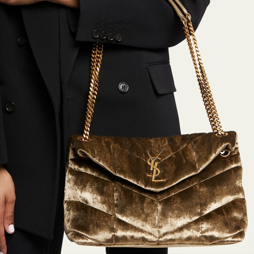 Saint Laurent Olive Velvet Quilted Chain Shoulder Bag with Gold Hardware